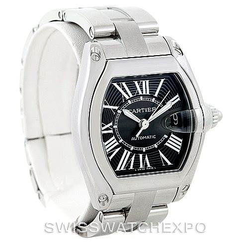 This image shows a Cartier Roadster W62041V3 Men's Stainless Steel Black Dial W62041V3 Men's Stainless Steel Black Dial watch, captured at a front angle displaying the face, bezel, and part of the bracelet.