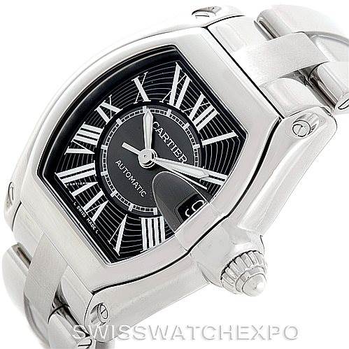 The image shows a Cartier Roadster W62041V3 Men's Stainless Steel Black Dial W62041V3 Men's Stainless Steel Black Dial watch at an angle, highlighting the dial, case, crown, and part of the bracelet.