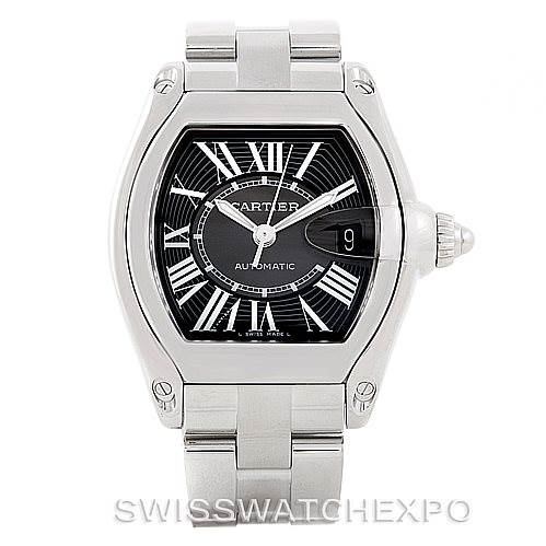 This image shows a front view of the Cartier Roadster W62041V3 Men's Stainless Steel Black Dial W62041V3 Men's Stainless Steel Black Dial watch, highlighting the dial, case, and part of the bracelet.