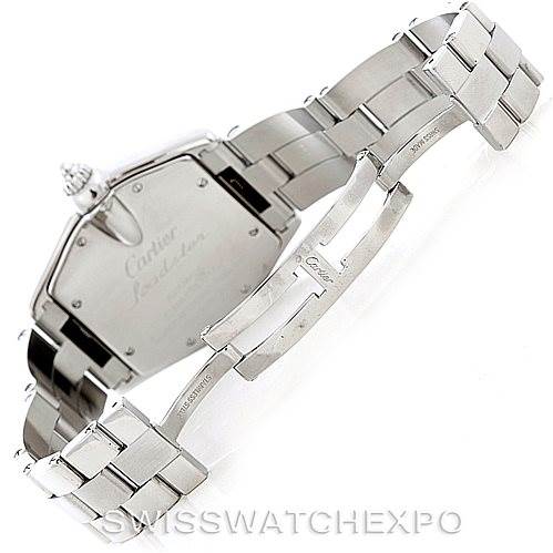 The image shows the back and clasp of a Cartier Roadster W62041V3 Men's Stainless Steel Black Dial W62041V3 Men's Stainless Steel Black Dial watch, highlighting the bracelet and engraving on the case back.