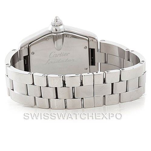 The image shows the back view of a Cartier Roadster W62041V3 Men's Stainless Steel Black Dial W62041V3 Men's Stainless Steel Black Dial watch, highlighting its case, bracelet, and clasp.