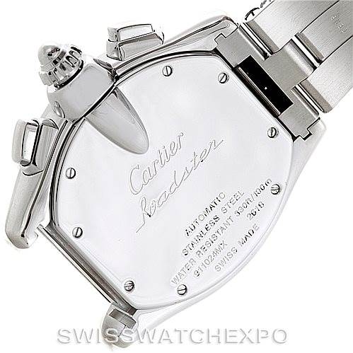 The image shows the back case and part of the bracelet of a Cartier Roadster W62020X6 Men's Stainless Steel Black Dial W62020X6 Men's Stainless Steel Black Dial watch at an angled view.