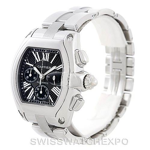 This image shows a Cartier Roadster W62020X6 Men's Stainless Steel Black Dial W62020X6 Men's Stainless Steel Black Dial watch from a front-side angle, highlighting the face, crown, and a portion of the bracelet.