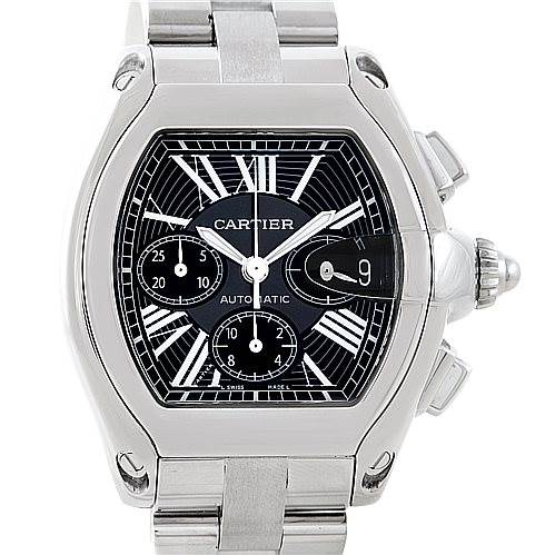 This image displays a Cartier Roadster W62020X6 Men's Stainless Steel Black Dial W62020X6 Men's Stainless Steel Black Dial watch, showing the face, crown, and part of the bracelet from a front angle.
