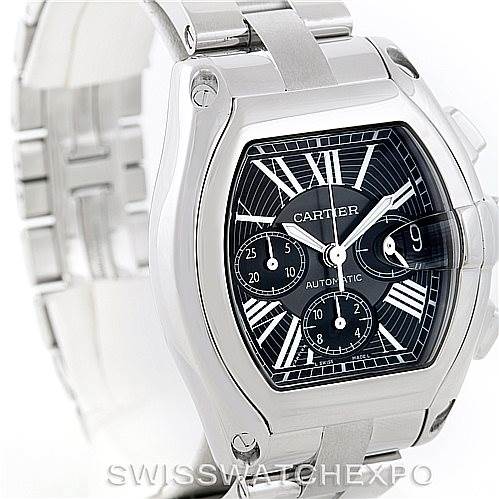 This Cartier Roadster W62020X6 Men's Stainless Steel Black Dial W62020X6 Men's Stainless Steel Black Dial watch is shown from an angled front view, highlighting its face, bezel, and part of the bracelet.