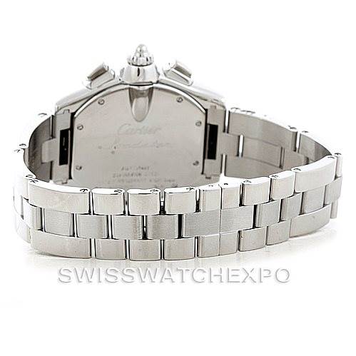 The image shows the back view of a Cartier Roadster W62020X6 Men's Stainless Steel Black Dial W62020X6 Men's Stainless Steel Black Dial watch, focusing on its case back and stainless steel bracelet.