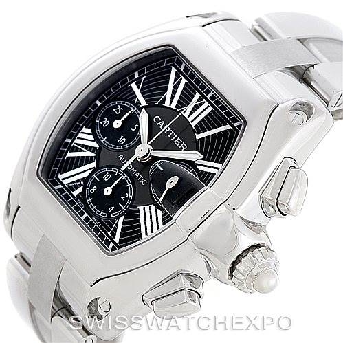 This image shows a Cartier Roadster W62020X6 Men's Stainless Steel Black Dial W62020X6 Men's Stainless Steel Black Dial watch at an angled close-up, highlighting the face, crown, and part of the bracelet.