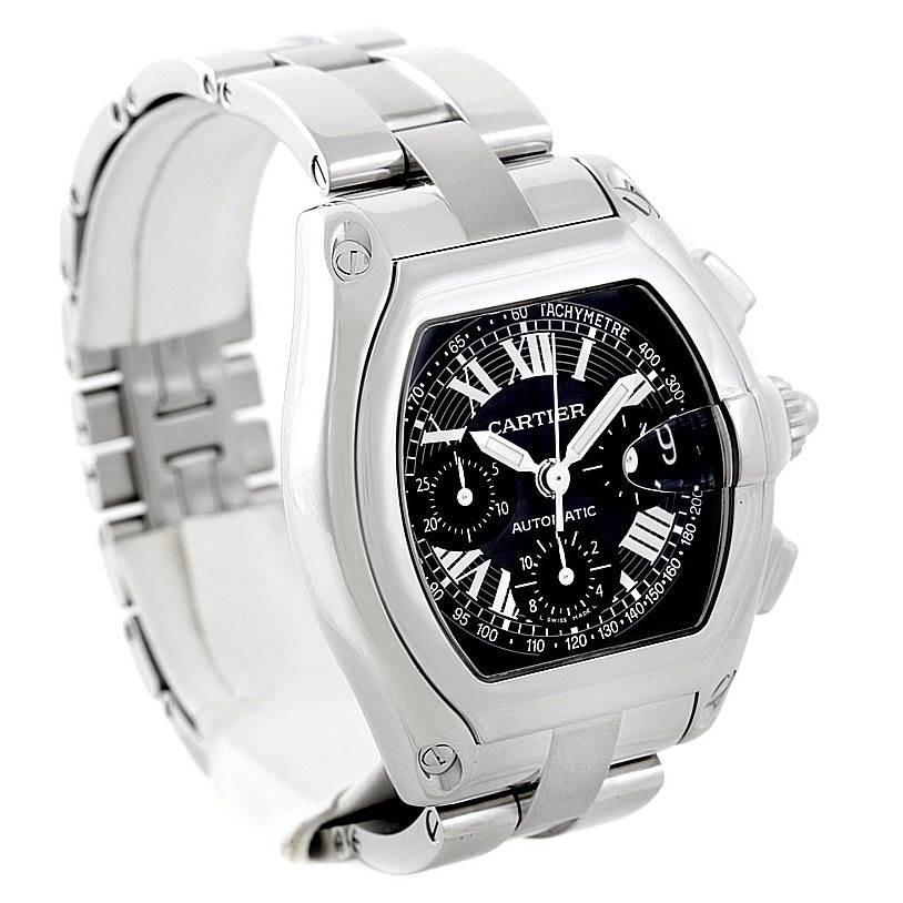 The Cartier Roadster W62007X6 Men's Stainless Steel Black Dial W62007X6 Men's Stainless Steel Black Dial watch is shown at an angled view, highlighting its face, bezel, and part of the stainless steel bracelet.