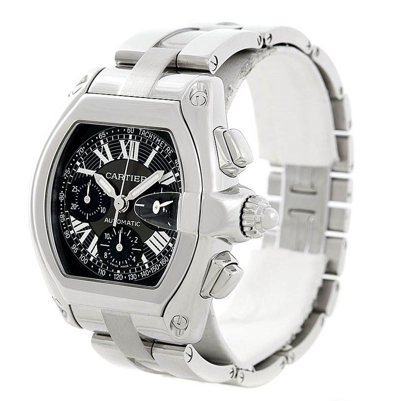 The Cartier Roadster W62007X6 Men's Stainless Steel Black Dial W62007X6 Men's Stainless Steel Black Dial watch is shown at an angle highlighting the face, bezel, crown, pushers, and stainless steel bracelet.