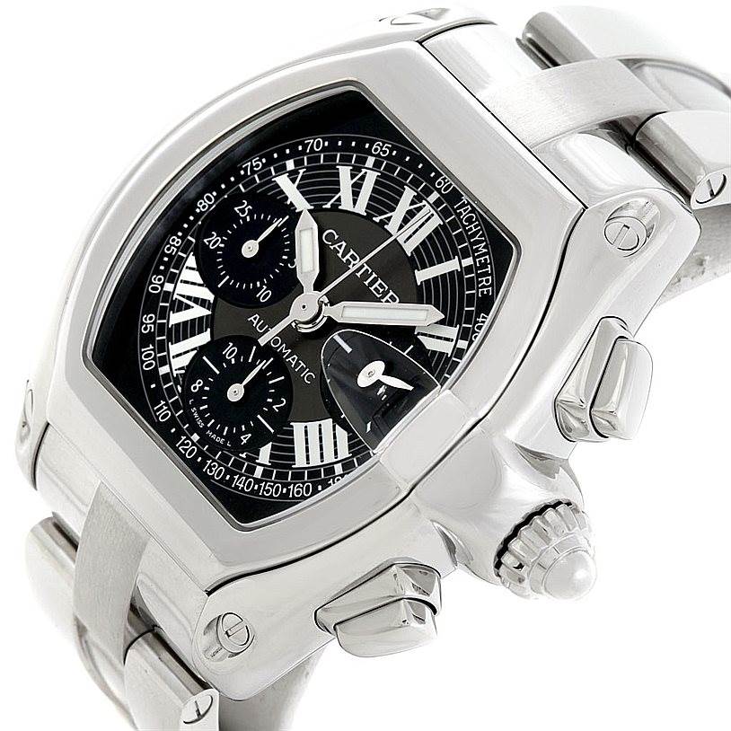 The image shows a Cartier Roadster W62007X6 Men's Stainless Steel Black Dial W62007X6 Men's Stainless Steel Black Dial watch at an angled view, highlighting the face, crown, and part of the bracelet.