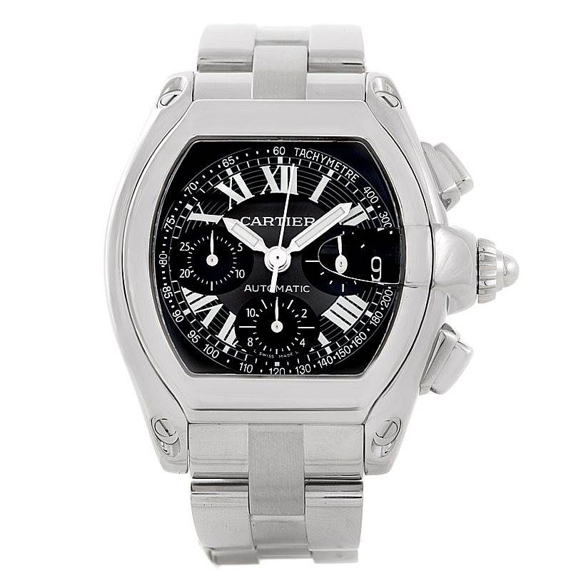 This image shows a full frontal view of the Cartier Roadster W62007X6 Men's Stainless Steel Black Dial W62007X6 Men's Stainless Steel Black Dial watch, highlighting the dial, bezel, and bracelet.