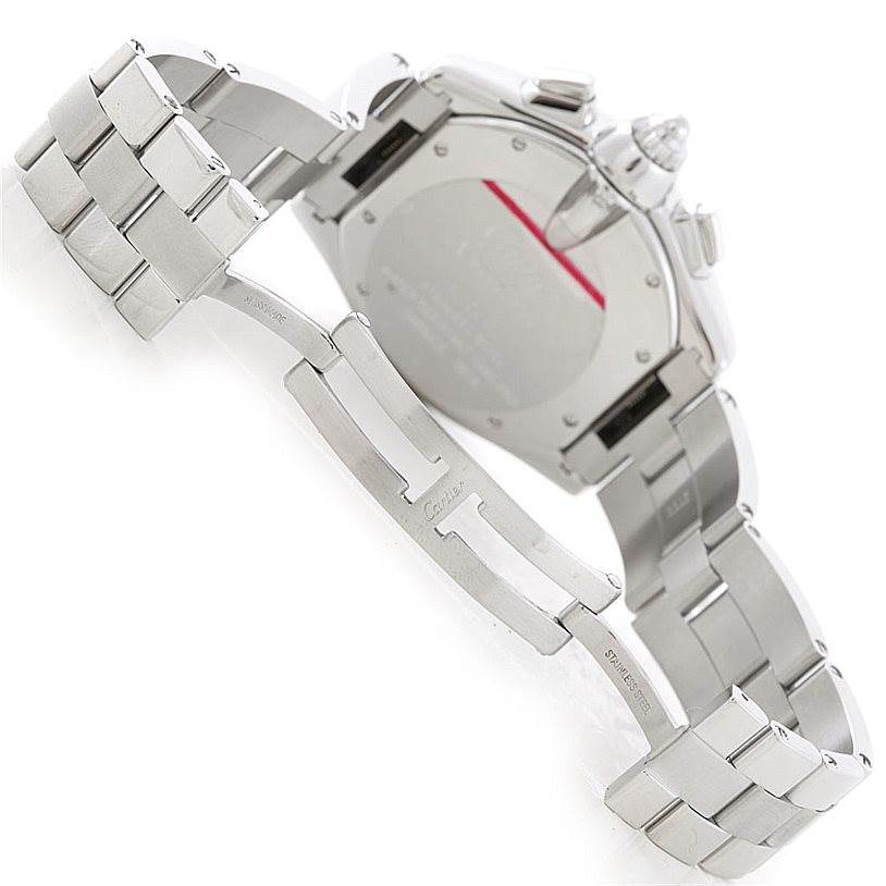 The image shows the back view of the Cartier Roadster W62007X6 Men's Stainless Steel Black Dial W62007X6 Men's Stainless Steel Black Dial watch along with its partly open stainless steel bracelet.