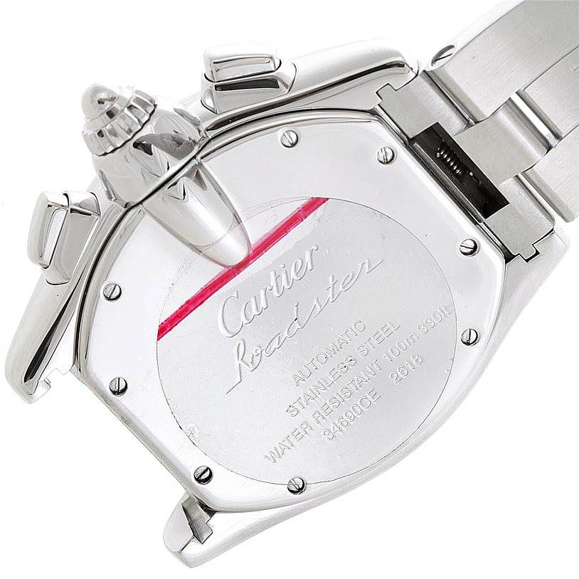 The image shows the back case and part of the bracelet of a Cartier Roadster W62007X6 Men's Stainless Steel Black Dial W62007X6 Men's Stainless Steel Black Dial watch.