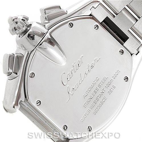 The image shows the back case of a Cartier Roadster W62019X6 Men's Stainless Steel Silver Dial W62019X6 Men's Stainless Steel Silver Dial watch, highlighting the engraved details and part of the stainless steel bracelet.