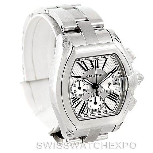The Cartier Roadster W62019X6 Men's Stainless Steel Silver Dial W62019X6 Men's Stainless Steel Silver Dial watch is shown at a slight angle, highlighting its face, bezel, crown, and part of the bracelet.