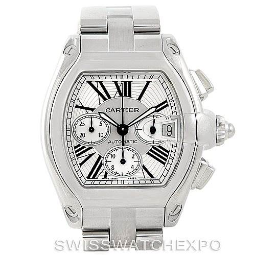 This image shows a frontal view of a Cartier Roadster W62019X6 Men's Stainless Steel Silver Dial W62019X6 Men's Stainless Steel Silver Dial watch, highlighting its dial, case, and part of the bracelet.