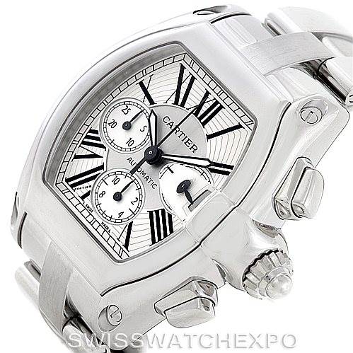The image shows a Cartier Roadster W62019X6 Men's Stainless Steel Silver Dial W62019X6 Men's Stainless Steel Silver Dial watch at a side angle, highlighting the crown, buttons, and part of the bracelet.