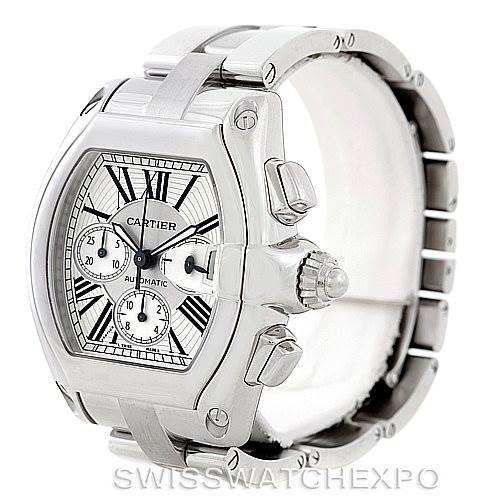 The image shows a Cartier Roadster W62019X6 Men's Stainless Steel Silver Dial W62019X6 Men's Stainless Steel Silver Dial watch at a three-quarter angle, highlighting the dial, crown, and part of its metal bracelet.