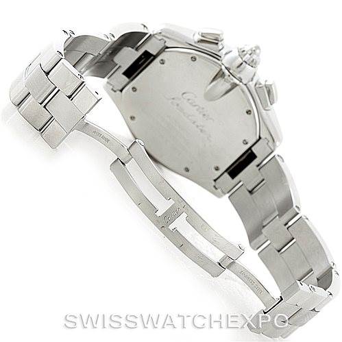 The image shows the back case and the metal bracelet of the Cartier Roadster W62019X6 Men's Stainless Steel Silver Dial W62019X6 Men's Stainless Steel Silver Dial watch.