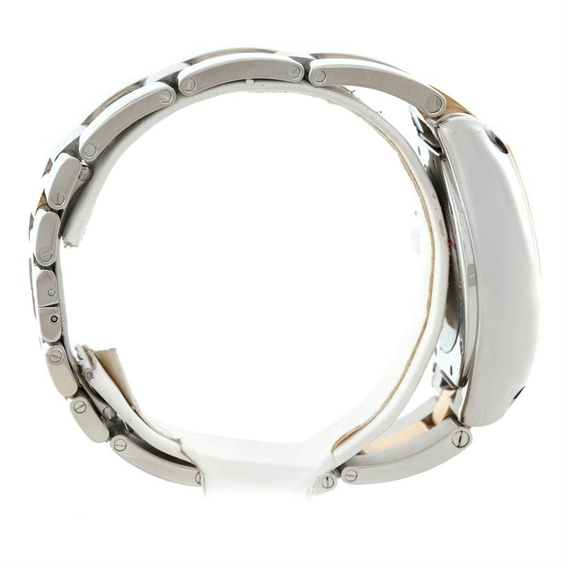 The image shows a side profile view of a Cartier Roadster W62027Z1 Men
s Steel and Gold (two tone) Silver Dial W62027Z1 Men
s Steel and Gold (two tone) Silver Dial watch, highlighting the case and metal bracelet.