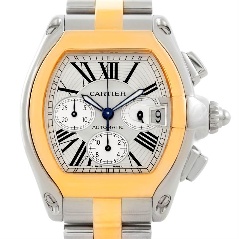 The Cartier Roadster W62027Z1 Men
s Steel and Gold (two tone) Silver Dial W62027Z1 Men
s Steel and Gold (two tone) Silver Dial watch is shown from the front, displaying its dial, Roman numeral hour markers, three sub-dials, and date window.