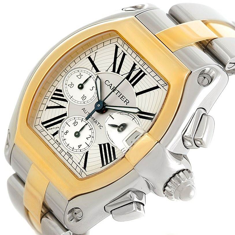 The image shows a Cartier Roadster W62027Z1 Men
s Steel and Gold (two tone) Silver Dial W62027Z1 Men
s Steel and Gold (two tone) Silver Dial watch at an angle highlighting the face, crown, and bracelet.