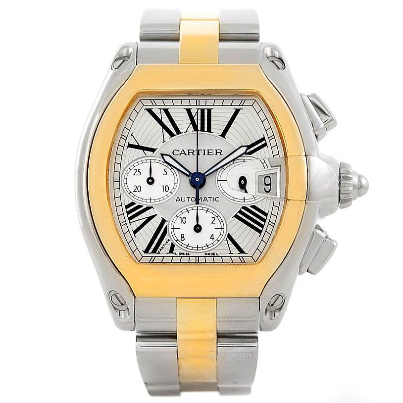 The Cartier Roadster W62027Z1 Men
s Steel and Gold (two tone) Silver Dial W62027Z1 Men
s Steel and Gold (two tone) Silver Dial watch image shows a front view highlighting the polished metal case, dial, and bracelet.