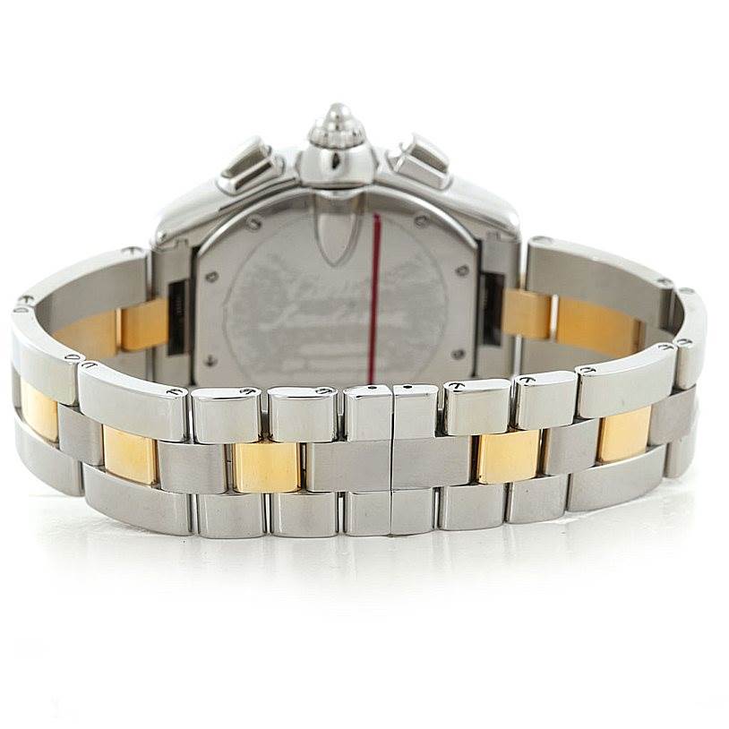 The image shows the back view of the Cartier Roadster W62027Z1 Men
s Steel and Gold (two tone) Silver Dial W62027Z1 Men
s Steel and Gold (two tone) Silver Dial watch, highlighting its two-tone bracelet and case back.