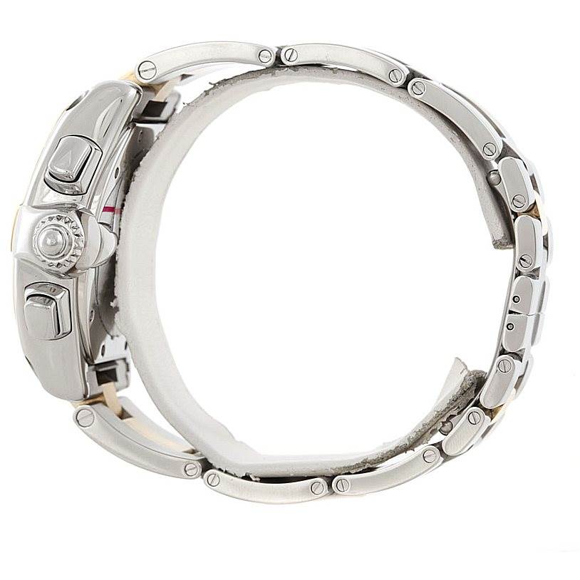 Side view of the Cartier Roadster W62027Z1 Men
s Steel and Gold (two tone) Silver Dial W62027Z1 Men
s Steel and Gold (two tone) Silver Dial watch showcasing the stainless steel casing, crown, buttons, and bracelet.