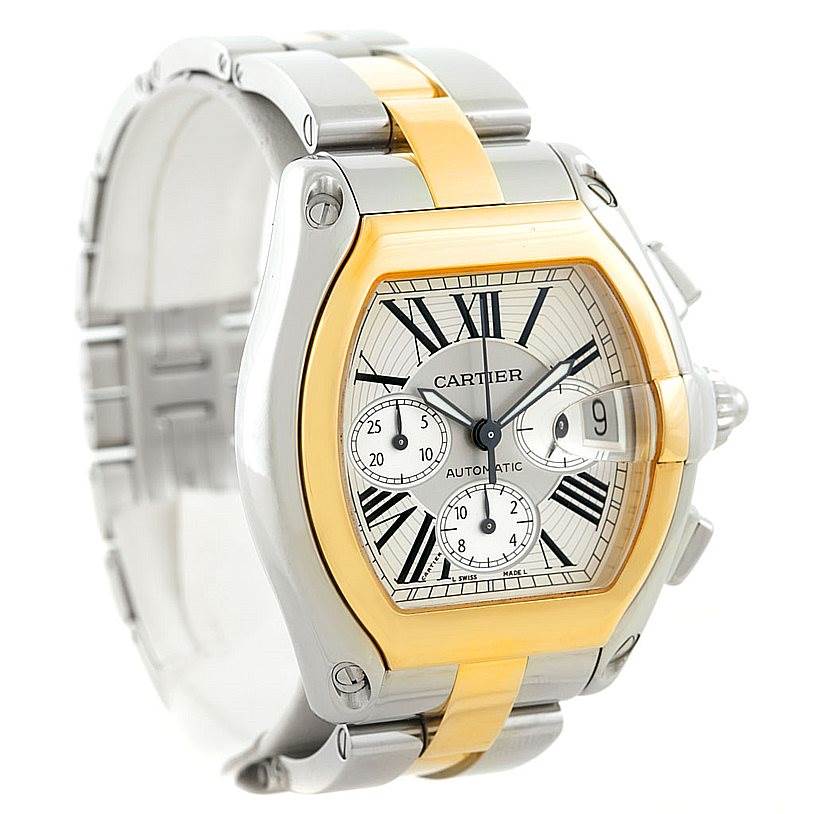 This image shows a Cartier Roadster W62027Z1 Men
s Steel and Gold (two tone) Silver Dial W62027Z1 Men
s Steel and Gold (two tone) Silver Dial watch angled to display the face, bezel, crown, and part of the bracelet.