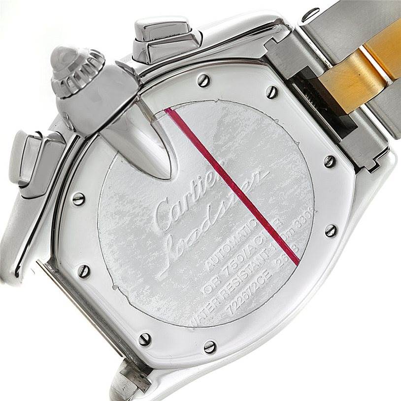 The image shows the back case and part of the bracelet clasp of a Cartier Roadster W62027Z1 Men
s Steel and Gold (two tone) Silver Dial W62027Z1 Men
s Steel and Gold (two tone) Silver Dial watch.