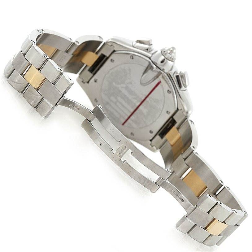 The image shows the back and bracelet clasp of a Cartier Roadster W62027Z1 Men
s Steel and Gold (two tone) Silver Dial W62027Z1 Men
s Steel and Gold (two tone) Silver Dial watch at an angle.