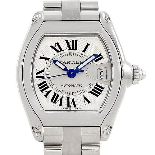 This image shows the front view of a Cartier Roadster W62025V3 Men's Stainless Steel Silver Dial W62025V3 Men's Stainless Steel Silver Dial watch, displaying its face, bezel, and part of the metal bracelet.