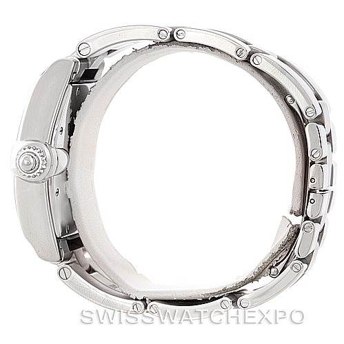 This image shows a side view of the Cartier Roadster W62025V3 Men's Stainless Steel Silver Dial W62025V3 Men's Stainless Steel Silver Dial model watch, highlighting its crown, casing, and bracelet.