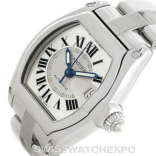 The image shows a close-up angled view of the Cartier Roadster W62025V3 Men's Stainless Steel Silver Dial W62025V3 Men's Stainless Steel Silver Dial watch featuring its face, crown, and part of the bracelet.