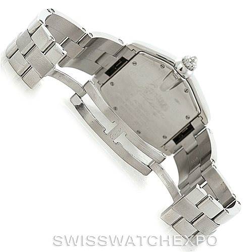 The image shows the back and bracelet of a Cartier Roadster W62025V3 Men's Stainless Steel Silver Dial W62025V3 Men's Stainless Steel Silver Dial watch with an open clasp.