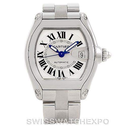 The image shows a front view of the Cartier Roadster W62025V3 Men's Stainless Steel Silver Dial W62025V3 Men's Stainless Steel Silver Dial watch, highlighting its face, bezel, bracelet, and crown.