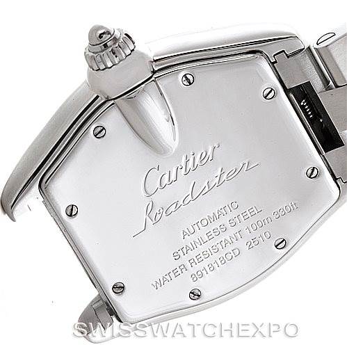 This image shows the back case of a Cartier Roadster W62025V3 Men's Stainless Steel Silver Dial W62025V3 Men's Stainless Steel Silver Dial watch, highlighting the crown, screws, and engraved details.