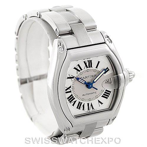 The image shows the Cartier Roadster W62025V3 Men's Stainless Steel Silver Dial W62025V3 Men's Stainless Steel Silver Dial watch at a three-quarter angle highlighting the face, bezel, crown, and part of the bracelet.
