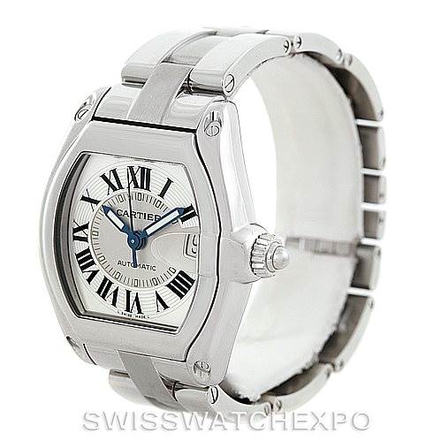 This image shows a Cartier Roadster W62025V3 Men's Stainless Steel Silver Dial W62025V3 Men's Stainless Steel Silver Dial watch at a slight angle, highlighting the face, bezel, and part of the bracelet.