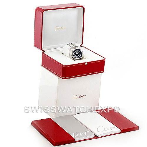 The image shows a Cartier Roadster W62041V3 Men's Stainless Steel Black Dial W62041V3 Men's Stainless Steel Black Dial watch at an angle, boxed with its packaging and accessories.