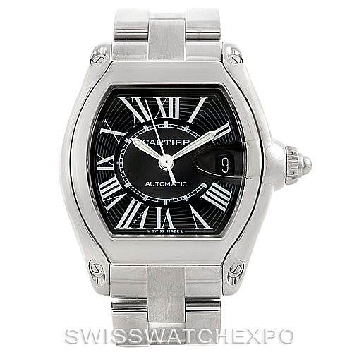 The image shows a front view of the Cartier Roadster W62041V3 Men's Stainless Steel Black Dial W62041V3 Men's Stainless Steel Black Dial watch, displaying its face, bezel, crown, and part of the bracelet.