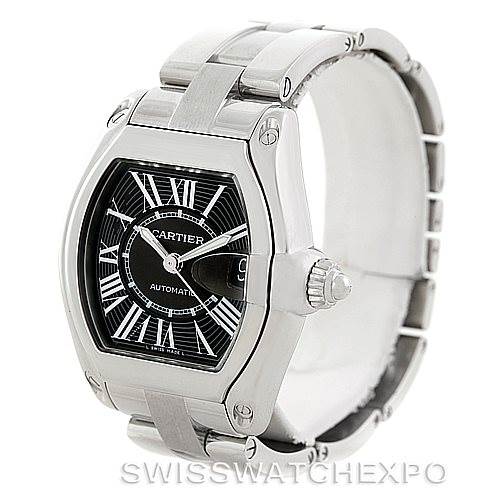 The image shows a Cartier Roadster W62041V3 Men's Stainless Steel Black Dial W62041V3 Men's Stainless Steel Black Dial watch from a three-quarter angle, highlighting its face, bracelet, and crown.