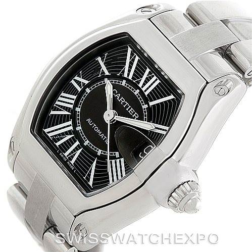 The image shows a Cartier Roadster W62041V3 Men's Stainless Steel Black Dial W62041V3 Men's Stainless Steel Black Dial watch at an angle, highlighting the case, dial, bracelet, and crown with visible screws.