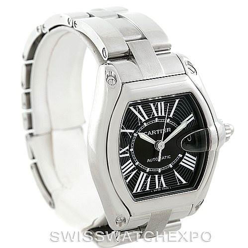 The image shows a Cartier Roadster W62041V3 Men's Stainless Steel Black Dial W62041V3 Men's Stainless Steel Black Dial watch at a three-quarter angle, highlighting the face, bracelet, and crown.
