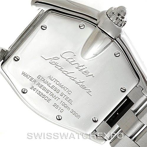 The image shows the back case of a Cartier Roadster W62041V3 Men's Stainless Steel Black Dial W62041V3 Men's Stainless Steel Black Dial watch from an angled perspective, highlighting its engravings and crown.