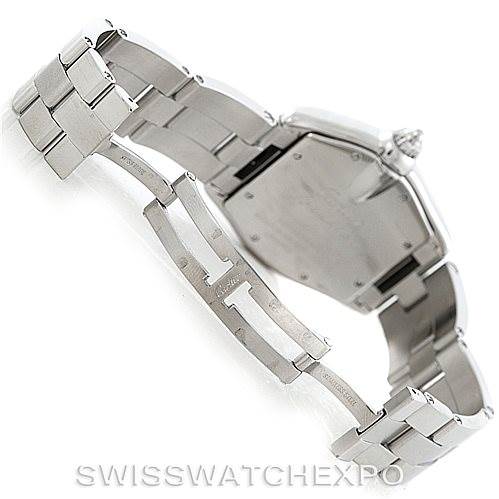 The image shows the backside and bracelet of a Cartier Roadster W62041V3 Men's Stainless Steel Black Dial W62041V3 Men's Stainless Steel Black Dial watch from an angled perspective highlighting the clasp and links.