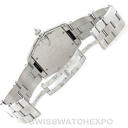 The image shows the back and deployed clasp of a Cartier Roadster W62041V3 Men's Stainless Steel Black Dial W62041V3 Men's Stainless Steel Black Dial watch at an angle from the rear with the bracelet fully open.