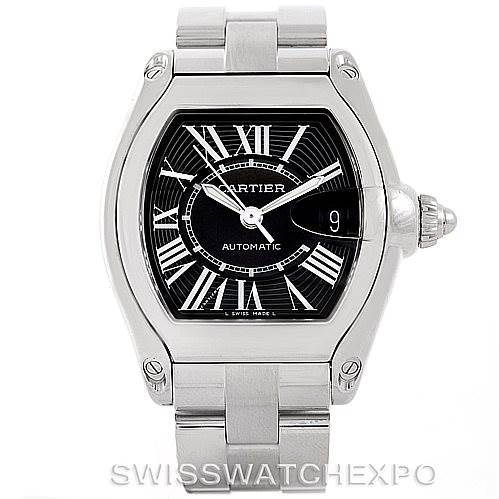 The image shows a front view of the Cartier Roadster W62041V3 Men's Stainless Steel Black Dial W62041V3 Men's Stainless Steel Black Dial watch, highlighting its dial, case, bracelet, and crown.