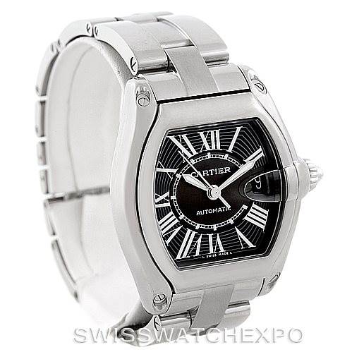 This image shows a Cartier Roadster W62041V3 Men's Stainless Steel Black Dial W62041V3 Men's Stainless Steel Black Dial watch at a slight angle, highlighting the face, case, and part of the bracelet.